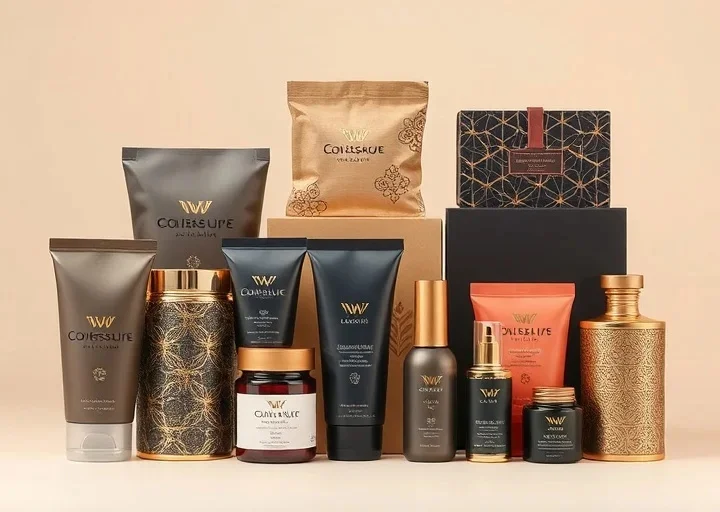 Premium beauty product packaging collection featuring cosmetic containers, skincare tubes, luxury boxes, and modern brand packaging design.