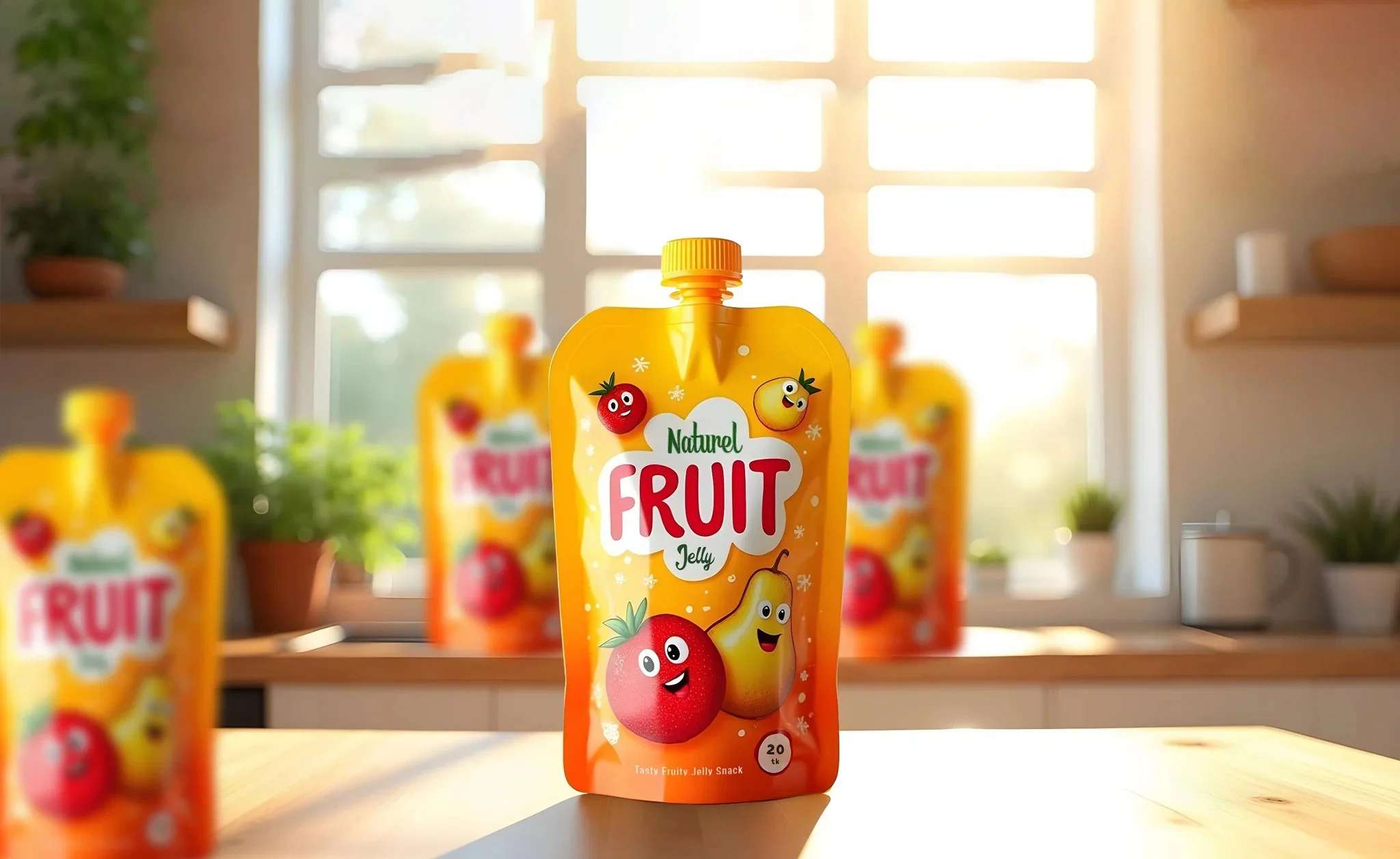 Kids fruit jelly pouch packaging featuring playful food labels, colorful fruit branding, and attractive snack packaging for children.
