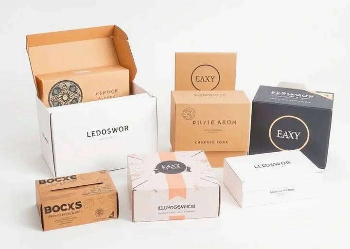Collection of custom cardboard packaging boxes featuring kraft mailers, premium retail boxes, branded product packaging, and box design samples.
