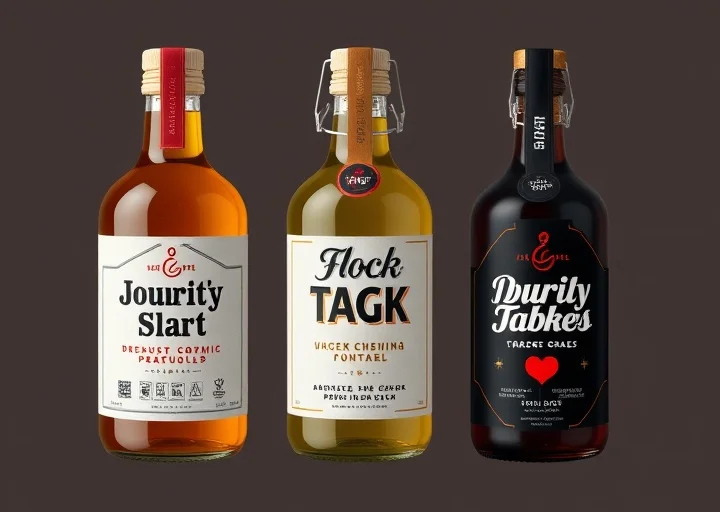 Premium beverage bottle labels featuring luxury drink packaging, custom glass bottle branding, and elegant product label design for beverages.