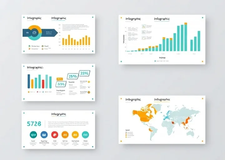 Business infographic design featuring analytics charts, bar graphs, data visualization, KPI metrics, and world map statistics for corporate presentations.