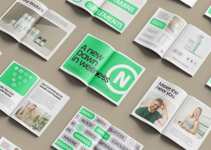 Comprehensive brand guideline for a wellness company featuring editorial design, typography, packaging, and complete visual identity system.