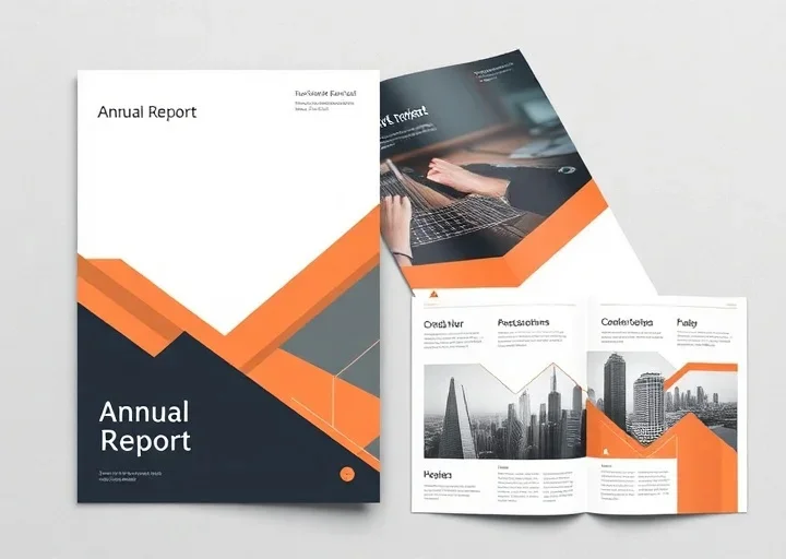 Corporate annual report cover design with modern geometric layout, business brochure and professional company report