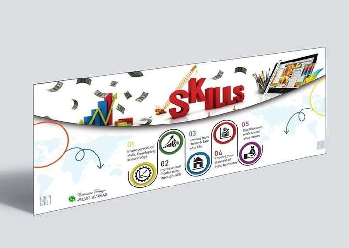 Creative educational social media banner featuring business skills infographic, modern promotional graphics, and training course marketing design.