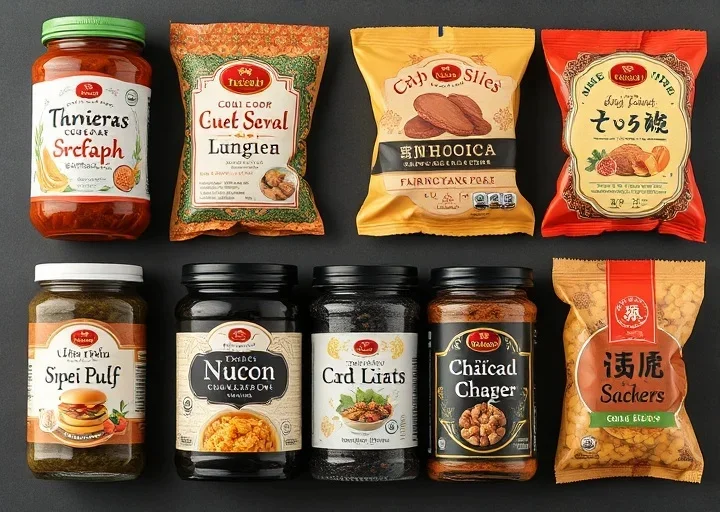 Professional food label design collection featuring grocery jars, spice packets, snack packaging, and premium retail food product branding.