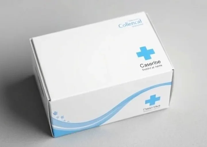 Minimalist medical product box design featuring white pharmaceutical packaging with a blue medical cross symbol and clean healthcare branding.