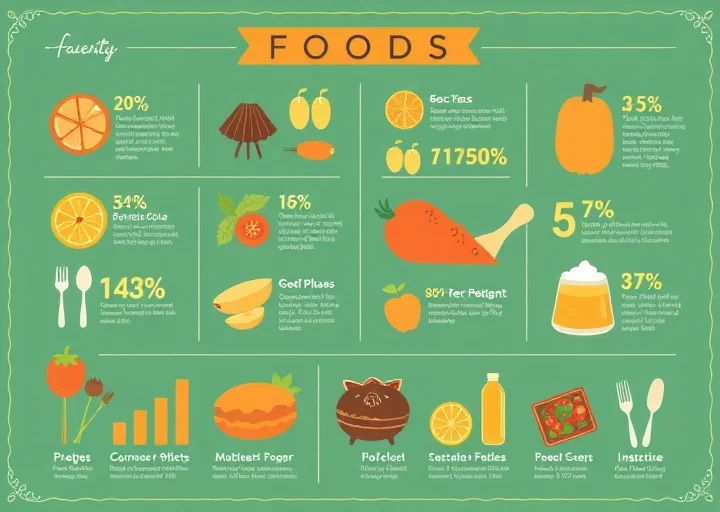 Healthy food infographic featuring nutrition charts, fresh produce illustrations, dietary statistics, and creative wellness data visualization design.