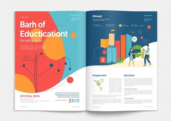 Education annual report design with colorful infographics, business charts and corporate magazine layout