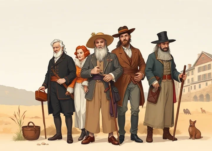 Historical character design illustration featuring traditional people in detailed vintage costume artwork