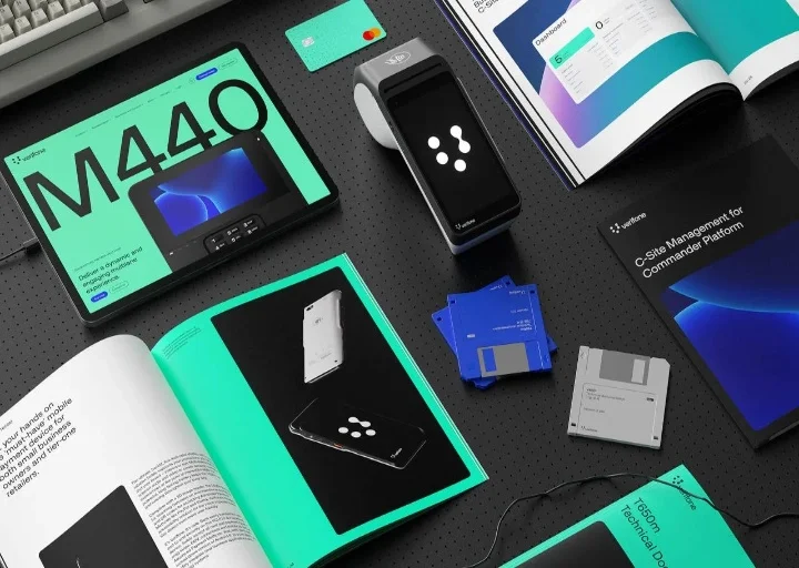 Modern brand style guide showcasing visual identity, brand assets, typography, color palette, stationery, and digital branding system for a technology company.