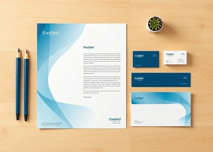 Modern corporate stationery design featuring letterhead, business cards, envelopes, and professional brand identity assets.