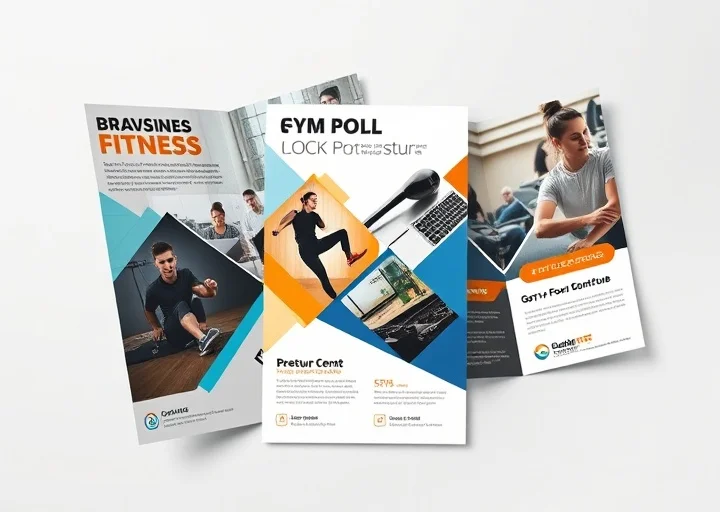 Creative fitness flyer and brochure design featuring modern layout, bold typography, and promotional marketing graphics.