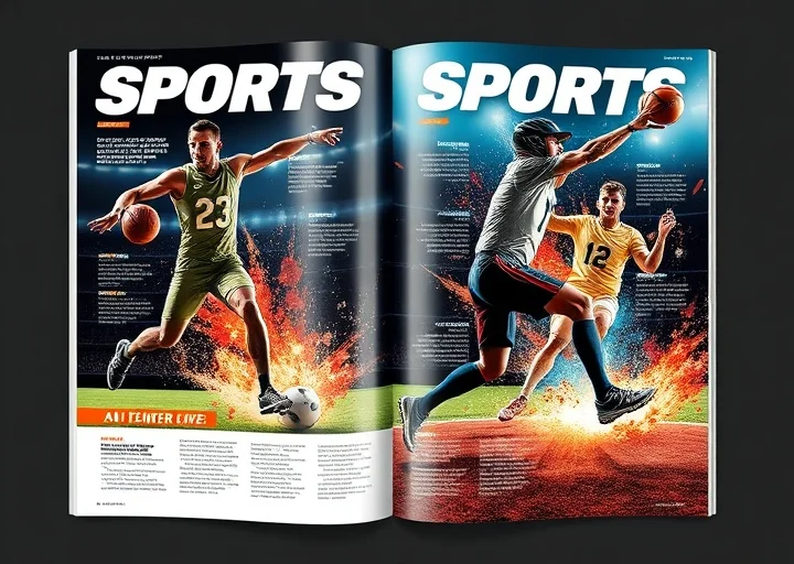 Professional sports magazine layout showcasing action-packed athlete photography, bold editorial typography, and dynamic publication design.