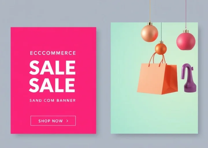Modern ecommerce sale banner featuring shopping bags, promotional offers, call-to-action button, and online retail advertising design.