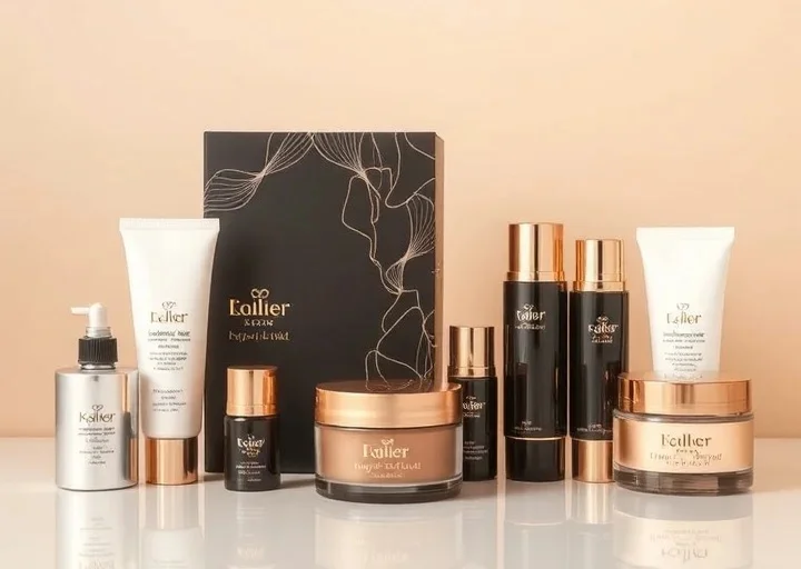 Luxury skincare packaging design showcasing cosmetic bottles, jars, tubes, and premium beauty product branding with elegant packaging.