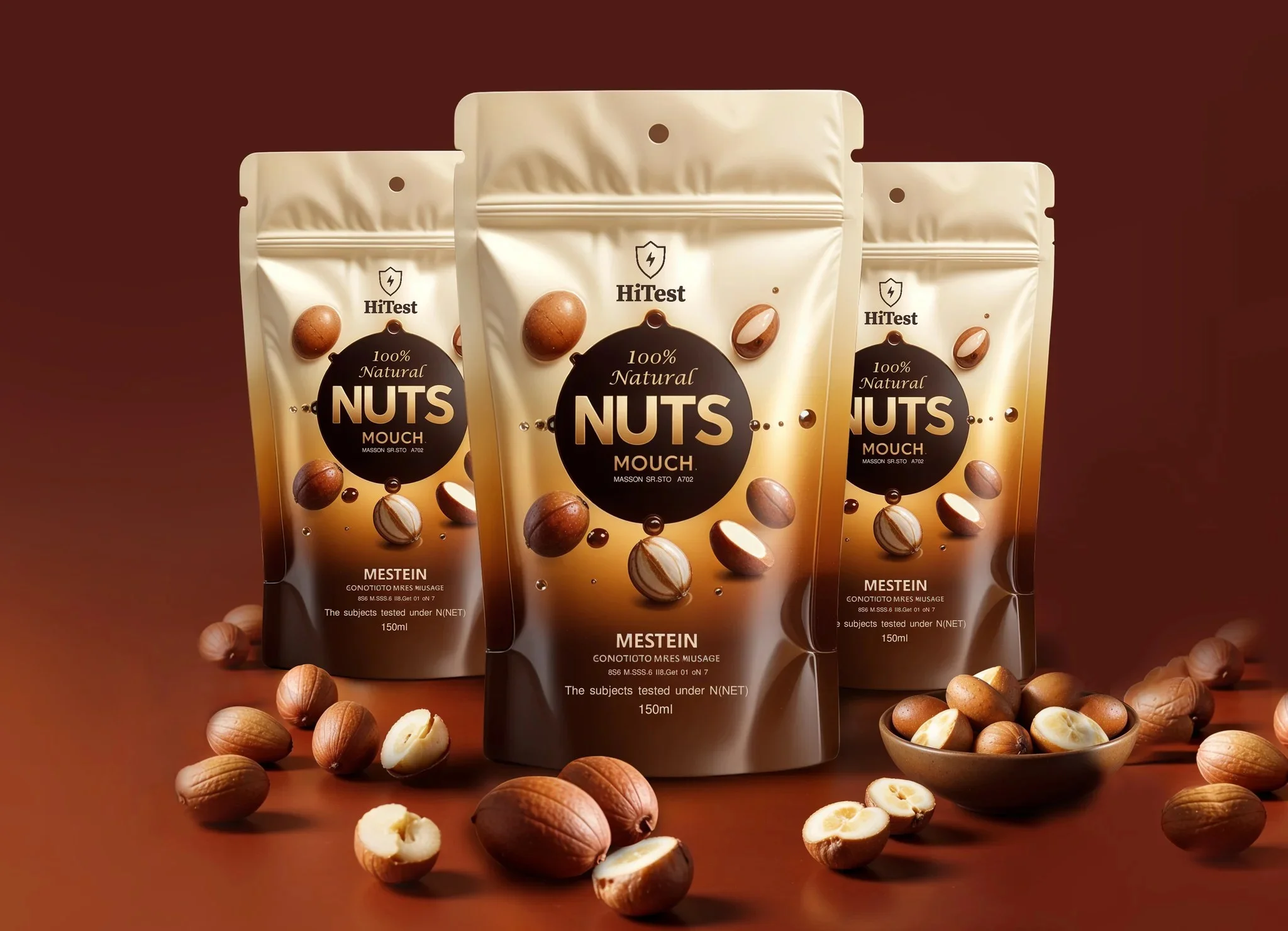 Premium nuts pouch packaging featuring stand-up food packaging, healthy snack branding, resealable pouch design, and luxury product labels.