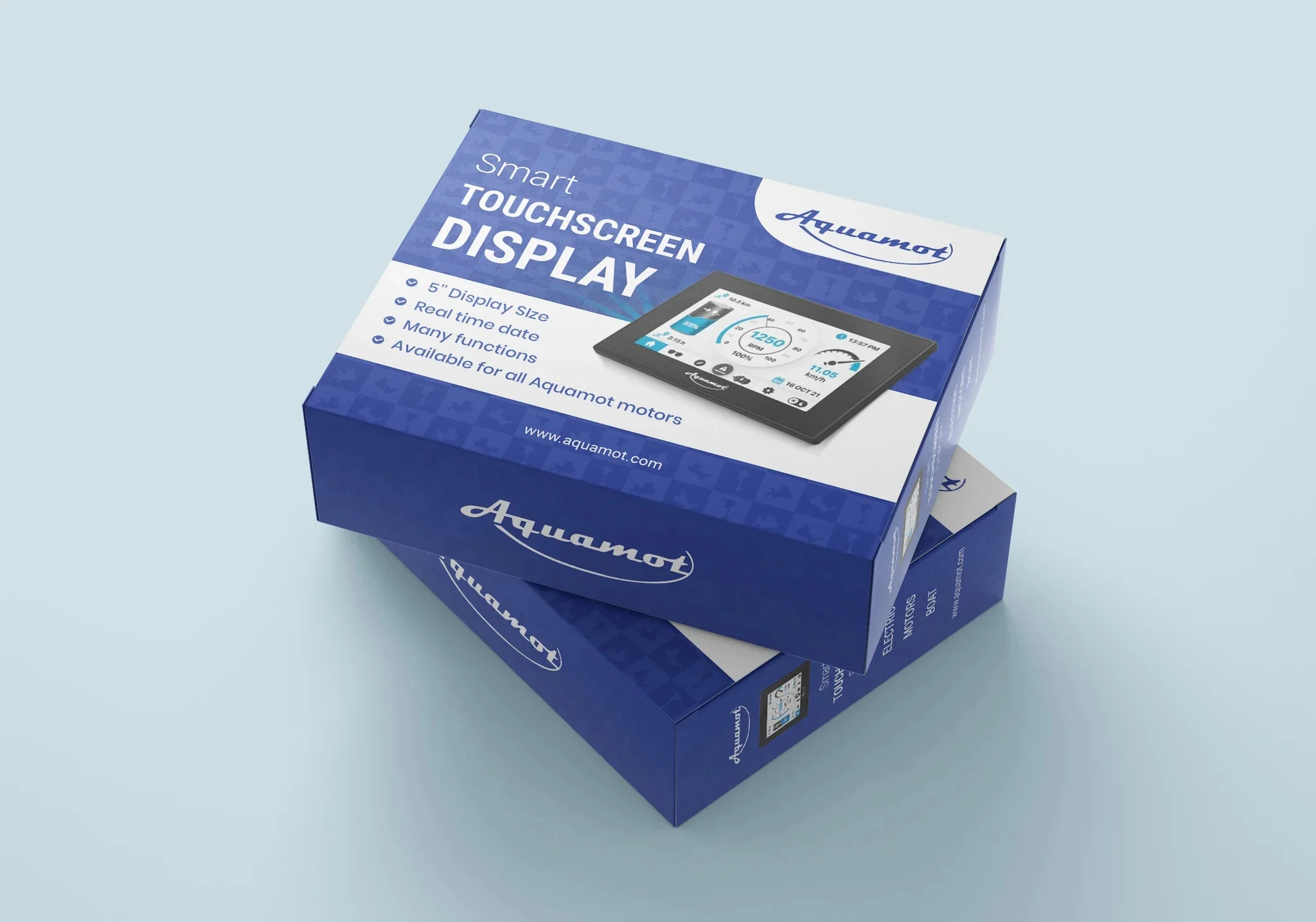 Modern smart touchscreen display packaging featuring premium electronics product box, digital device branding, and retail tech packaging.