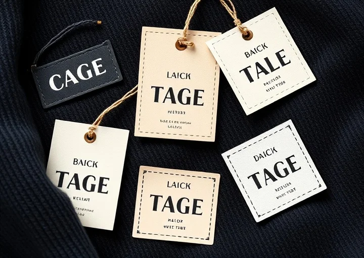 Premium clothing fabric labels featuring woven garment tags, apparel branding labels, custom size tags, and fashion product identification.