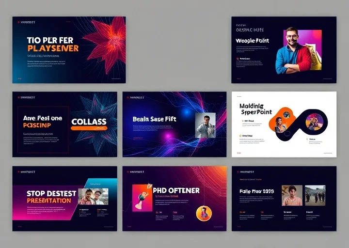 Futuristic neon technology presentation featuring cyberpunk gradient slides, digital agency branding, abstract graphics, and modern AI presentation design.