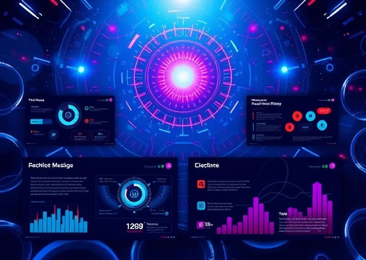 Futuristic cyberpunk presentation featuring neon technology interface, digital analytics, AI innovation slides, and modern tech startup pitch deck design.