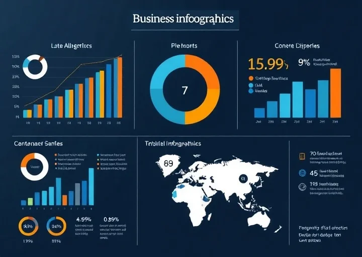 Business performance infographic featuring executive sales analytics, corporate reporting dashboards, financial metrics, and professional data visualization.