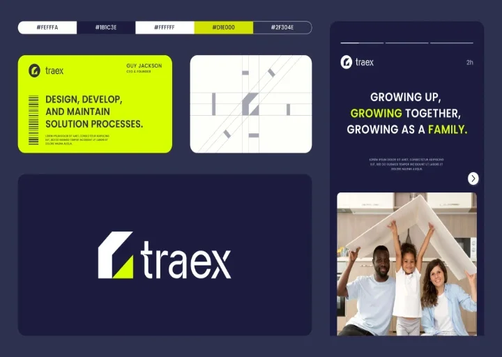 Modern brand style guide for Traex featuring logo usage, color palette, marketing materials, social media templates, and corporate branding assets.