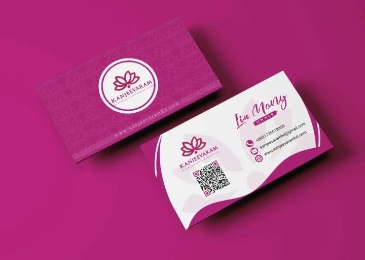 Elegant pink business card design for Kanjeevaram featuring floral branding, QR code, and luxury business identity.