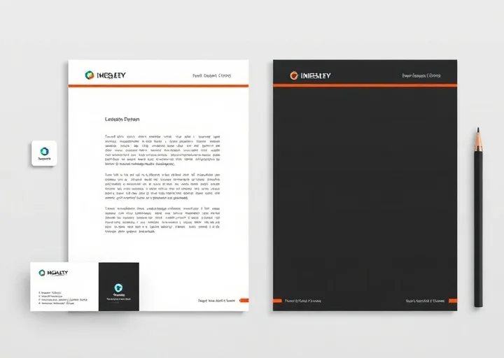 Professional business stationery design with corporate letterhead, presentation folder, business card, and office branding materials.