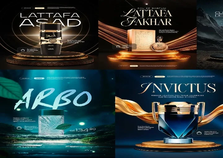 Creative perfume social media graphics collection featuring luxury fragrance advertisements, premium branding, and ecommerce campaign visuals.