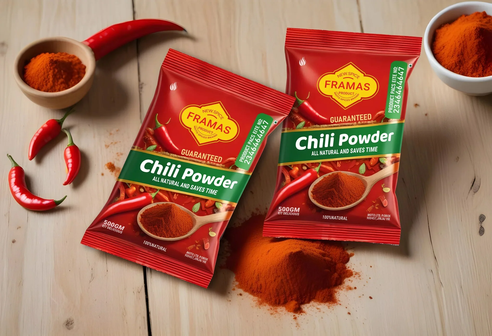 Premium chili powder packaging featuring spice pouch design, bold food labels, seasoning branding, and modern retail packaging.