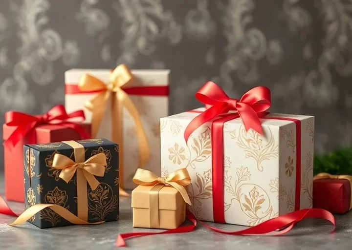 Decorative luxury gift boxes featuring elegant ribbon bows, floral packaging, festive present boxes, and premium gift packaging design.