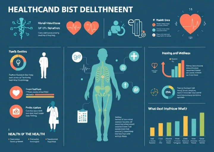 Healthcare infographic featuring human anatomy illustration, medical wellness indicators, clinical data visualization, and healthcare analytics dashboard.