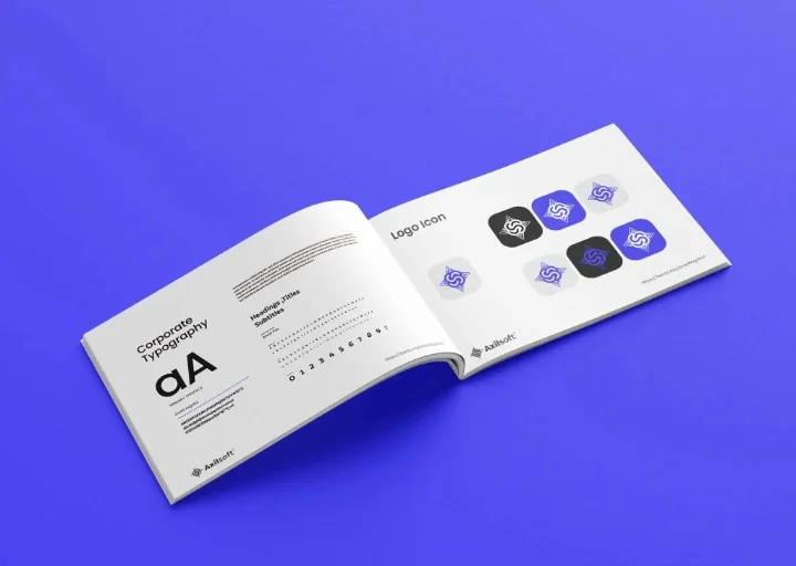Corporate brand style guide displaying logo specifications, typography, icon design, and visual identity standards for consistent branding.