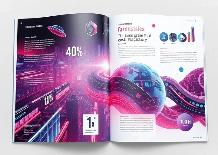 Technology annual report design with futuristic digital graphics, business analytics and innovation report layout