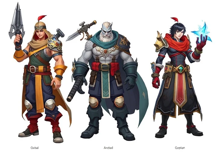 Game character design concept featuring fantasy warriors, heroes and RPG style costumes