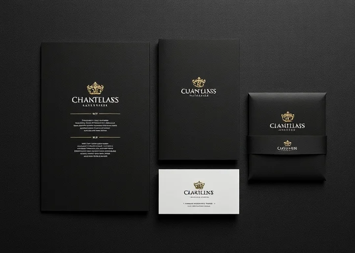 Luxury stationery design featuring premium black letterhead, presentation folders, envelopes, and elegant brand identity.