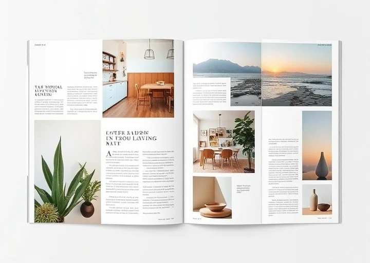 Elegant interior design magazine layout featuring modern home photography, minimalist editorial style, and premium lifestyle publication.