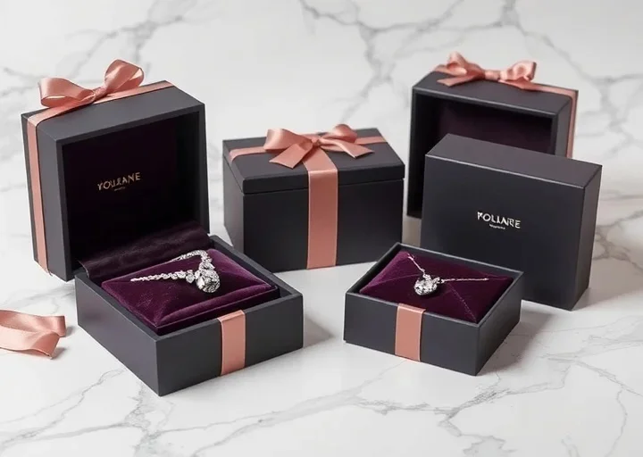 Luxury jewelry packaging featuring elegant gift boxes with velvet interiors, premium presentation, and sophisticated jewelry box design.