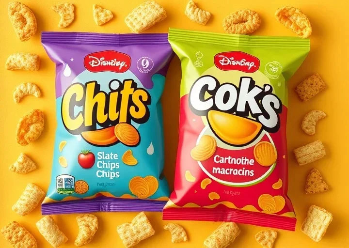 Colorful potato chips packaging featuring vibrant snack food labels, attractive chip bag design, and eye-catching retail branding.