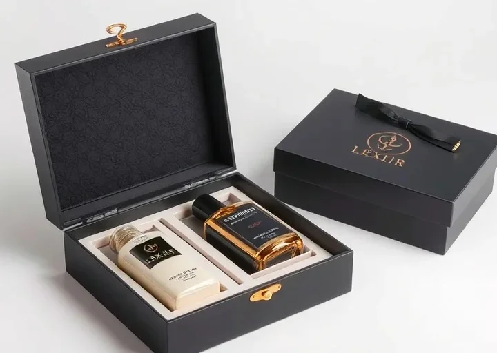 Luxury perfume gift box featuring premium fragrance packaging, elegant rigid presentation box, and high-end cologne branding.