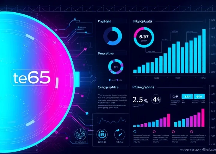 Futuristic technology infographic featuring cyber data dashboard, neon analytics interface, digital performance metrics, and AI visualization graphics.