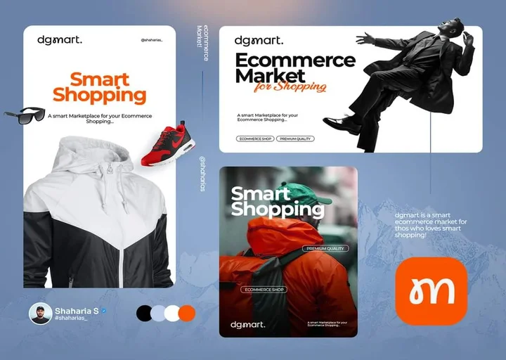 Ecommerce brand style guide for DGMart featuring logo system, social media branding, marketing creatives, and complete brand identity design.