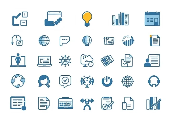 Business icon design set with office, productivity, communication and management vector icons