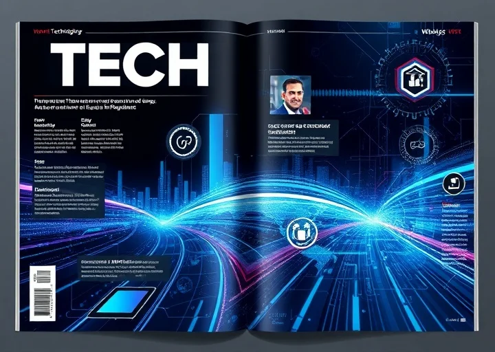 Modern technology magazine layout featuring futuristic digital graphics, innovation themes, and professional editorial page design.