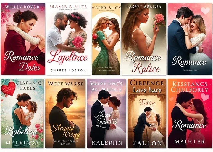Romance book cover collection featuring elegant couples, emotional storytelling visuals, and modern romantic novel designs.
