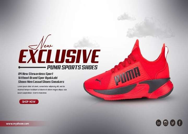 Creative sports shoes social media advertisement showcasing premium footwear, eye-catching product display, and ecommerce marketing design.