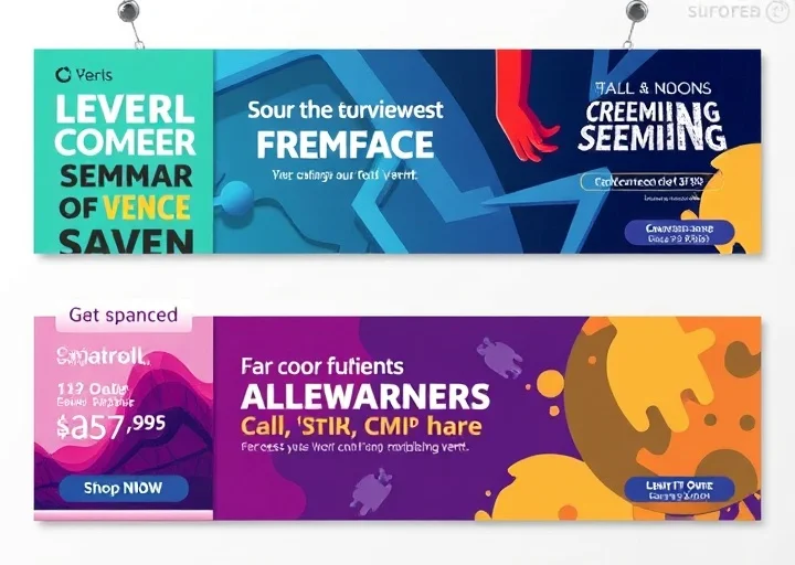 Colorful business banner collection promoting conferences, seminars, online learning, and corporate marketing campaigns with bold modern graphics.