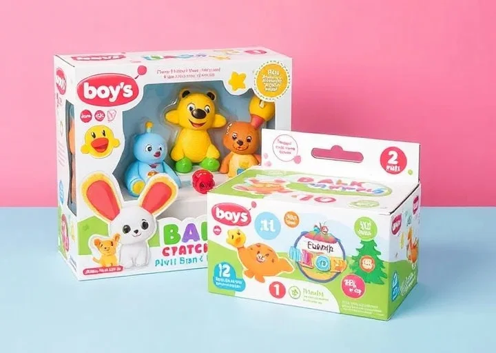 Colorful toy packaging design showcasing children's educational toys with playful branding, attractive product boxes, and retail packaging.