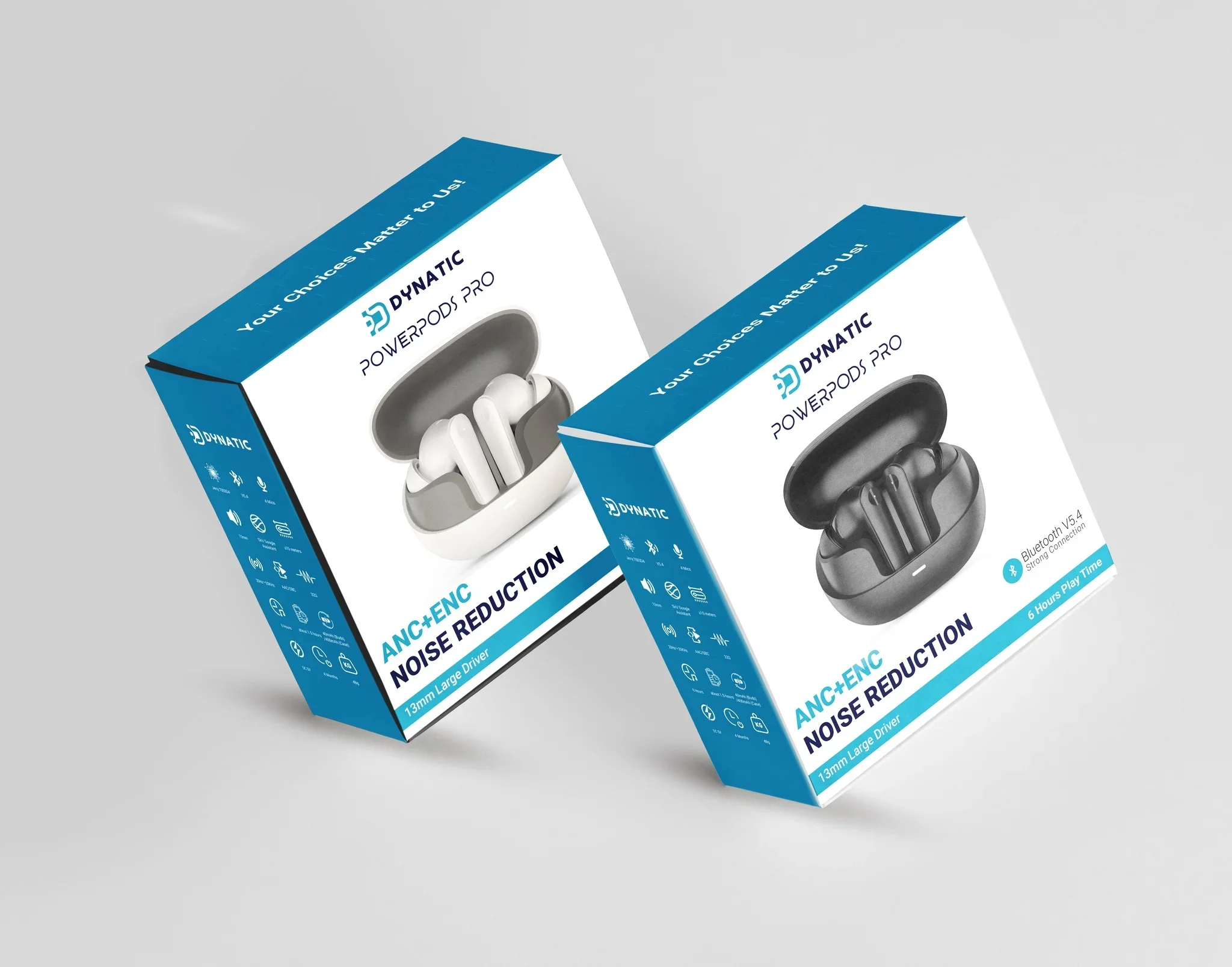 Premium wireless earbuds retail box packaging featuring modern electronics branding, Bluetooth earphone product box, and gadget packaging design.