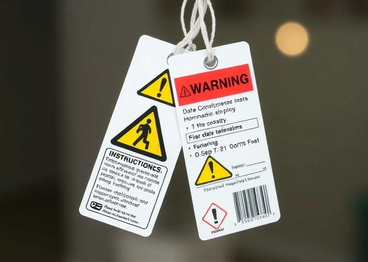 Industrial safety warning tags featuring hazard symbols, instruction labels, caution notices, and product safety packaging tags with barcodes.
